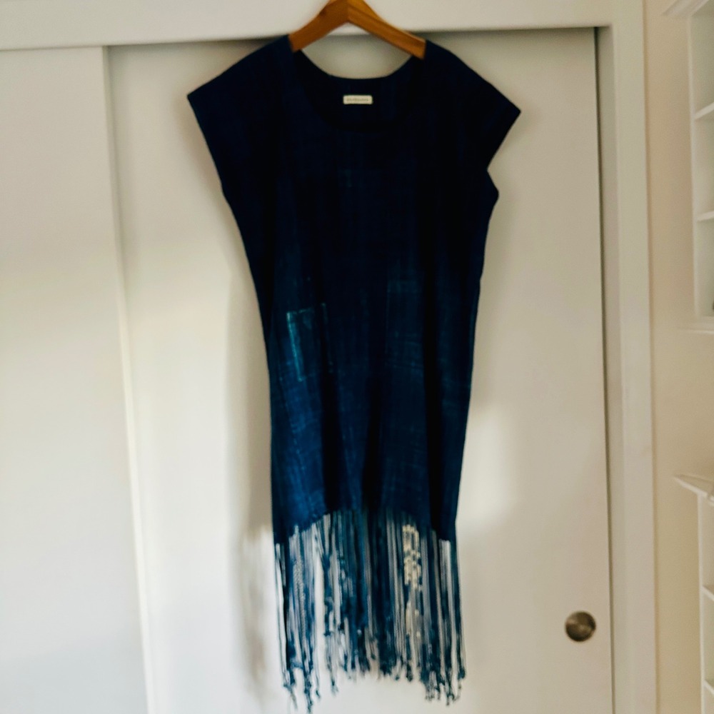 Mira Blackman Indigo Shibori Fringe Patchwork Dress S/M Blue Cotton Midi Shift